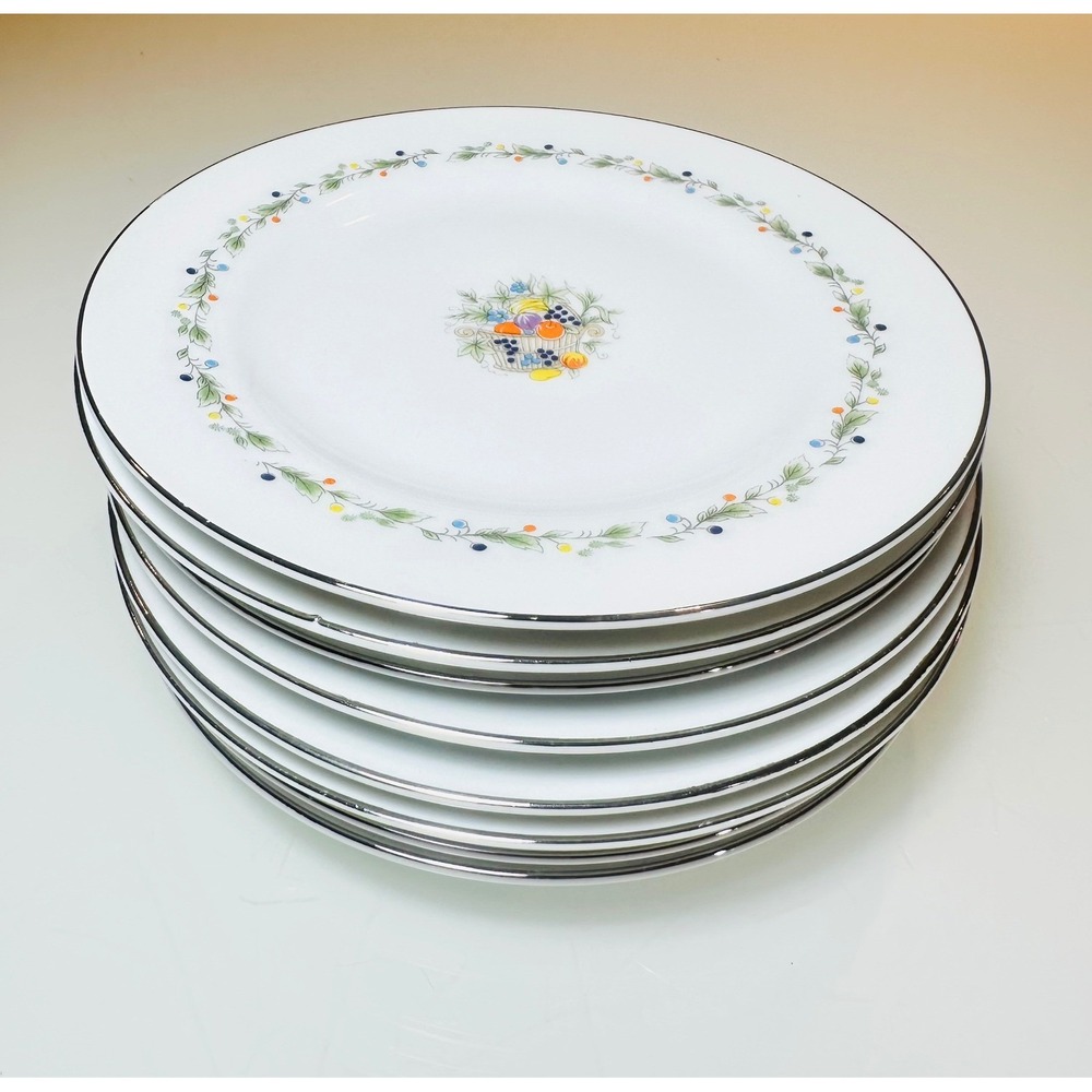 Berkeley House Flower Basket 6702 Fine China 6.5" Plates Set of 8 Japan Silver